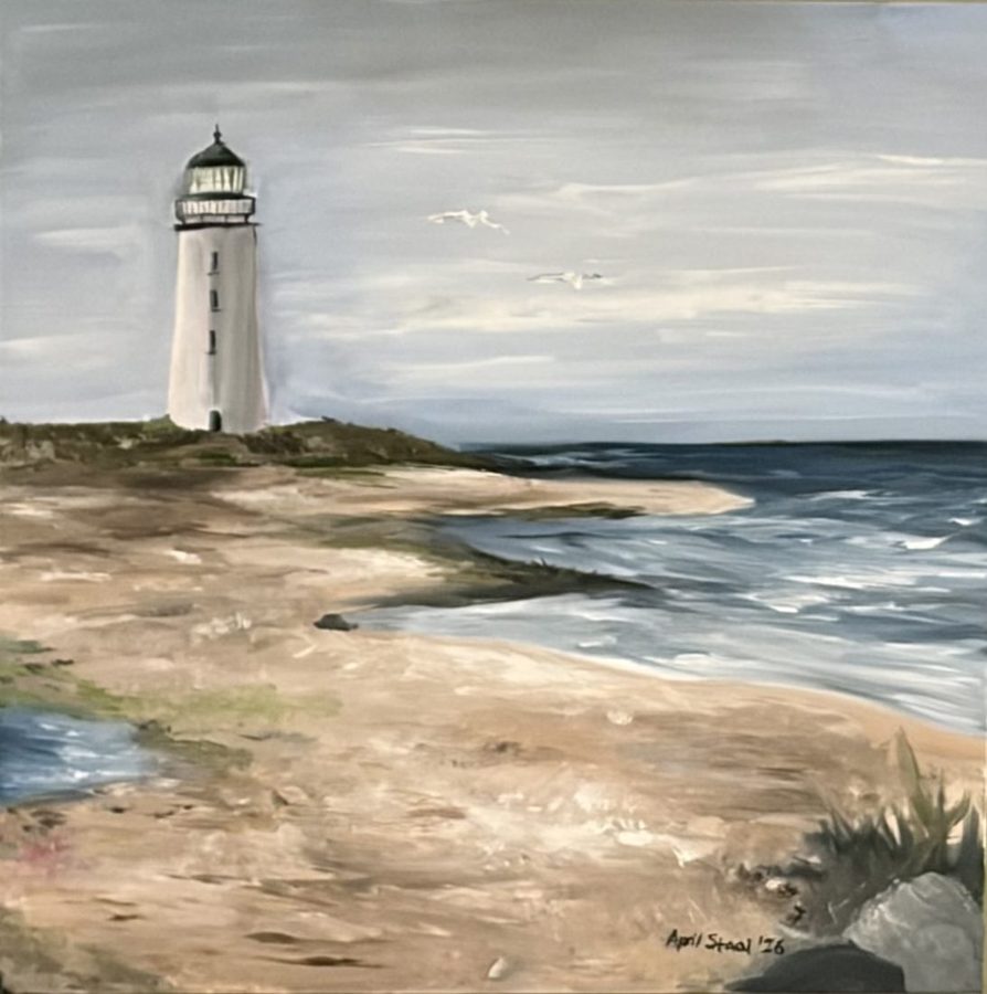 The Lighthouse — an oil painting of a coastal lighthouse by April Staal
